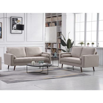 8117-2PC 2PC BEIGE Linen Stationary Tufted Seat Living Room Set w/ Cylinder Throw Pillows