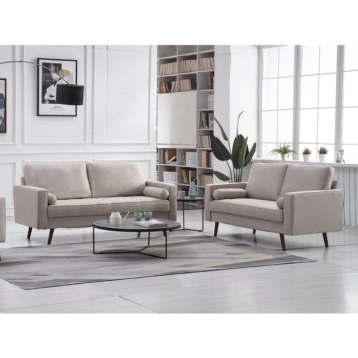 8117-2PC 2PC BEIGE Linen Stationary Tufted Seat Living Room Set w/ Cylinder Throw Pillows