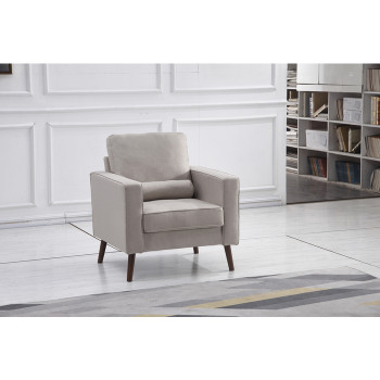 8117-CHAIR BEIGE Linen Stationary Tufted Seat Chair w/ Cylinder Throw Pillow