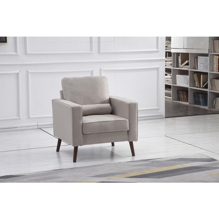 8117-CHAIR BEIGE Linen Stationary Tufted Seat Chair w/ Cylinder Throw Pillow