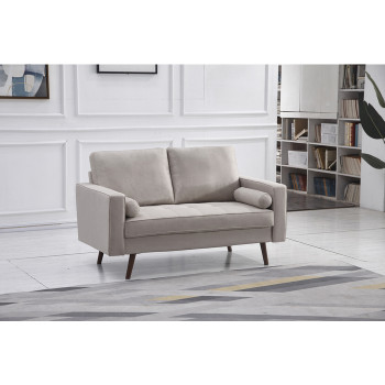 8117-LOVE BEIGE Linen Stationary Tufted Seat Loveseat w/ Cylinder Throw Pillows
