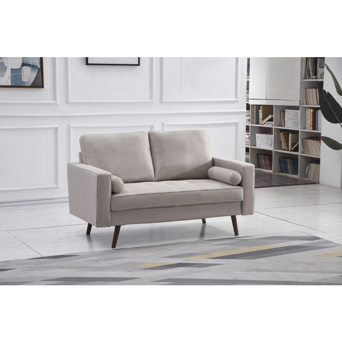 8117-LOVE BEIGE Linen Stationary Tufted Seat Loveseat w/ Cylinder Throw Pillows