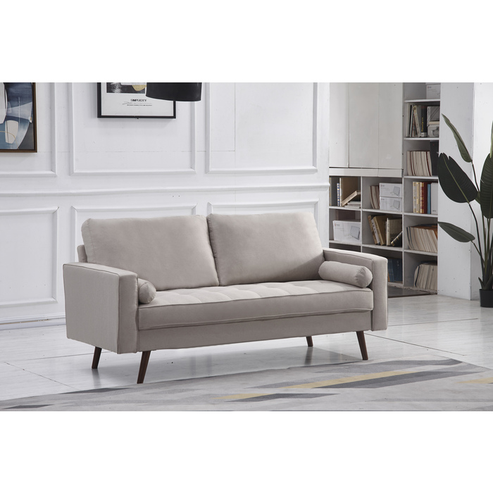 8117-SOFA BEIGE Linen Stationary Tufted Seat Sofa w/ Cylinder Throw Pillows