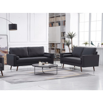 8112-2PC 2PC DARK GRAY Linen Stationary Tufted Seat Living Room Set w/ Cylinder Throw Pillows