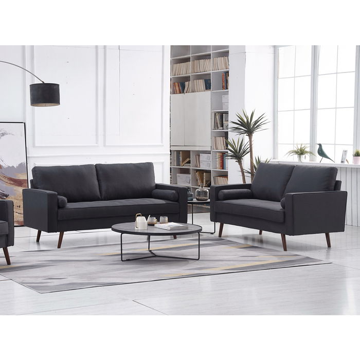 8112-2PC 2PC DARK GRAY Linen Stationary Tufted Seat Living Room Set w/ Cylinder Throw Pillows