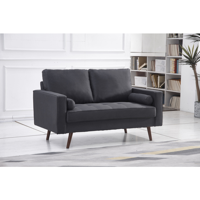 8112-LOVE DARK GRAY Linen Stationary Tufted Seat Loveseat w/ Cylinder Throw Pillows