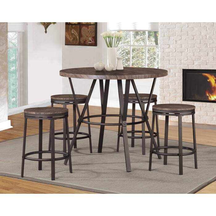 7877-BR-5PC 5PC BROWN TOP Metal Round Counter Table Set w/ Paper Veneer MDF Top