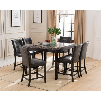 7826-7749-7PC 7PC BROWN TOP Faux Marble Wooden Square Counter Table Set w/ Parson Chair