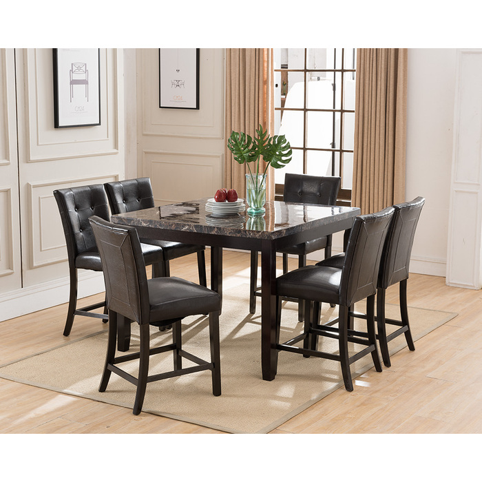 7826-7749-7PC 7PC BROWN TOP Faux Marble Wooden Square Counter Table Set w/ Parson Chair