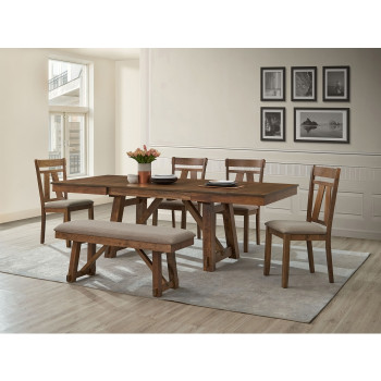 7805-6PC 6PC BROWN Wooden Dining Table + Double Extension Leaf Set
