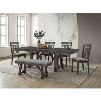 7803-6PC 6PC GRAY Wooden Dining Table + Double Extension Leaf Set