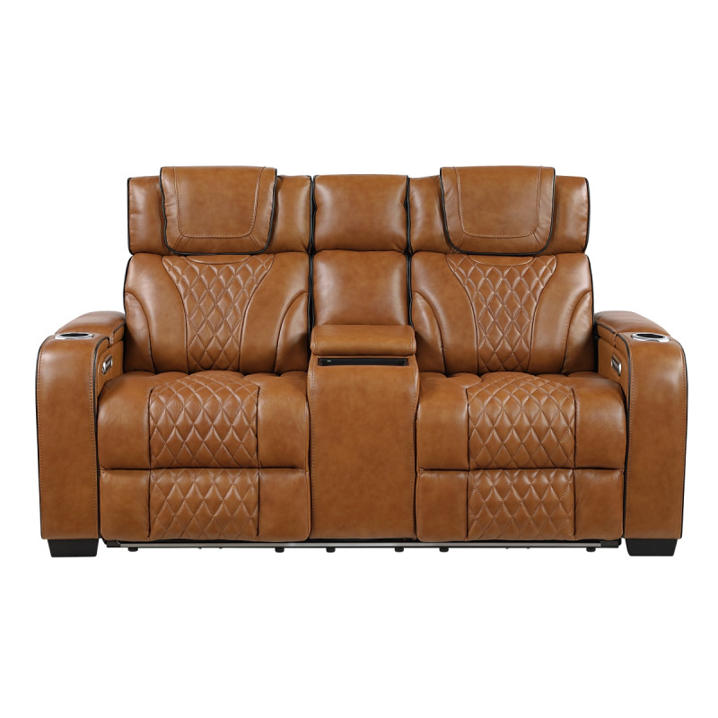 8449BR-2PWHM Power Double Reclining Love Seat with Center Console, Power Headrests, Storage Arms with Cup Holders, Wireless charger, Air Massage and Heat, LED Lighting and Charging Ports
