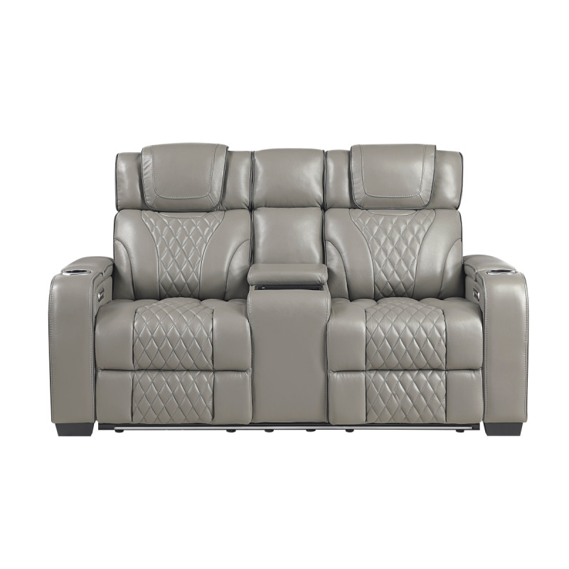 8449GY-2PWHM Power Double Reclining Love Seat with Center Console, Power Headrests, Storage Arms with Cup Holders, Wireless charger, Air Massage and Heat, LED Lighting and Charging Ports