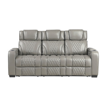 8449GY-3PWHM Power Double Reclining Sofa with Center Drop-Down Cup Holders, Power Headrests, Storage Arms with Cup holders, Reading Lights, Wireless Charger, Air Massage and Heat, LED Lighting and Charging Ports