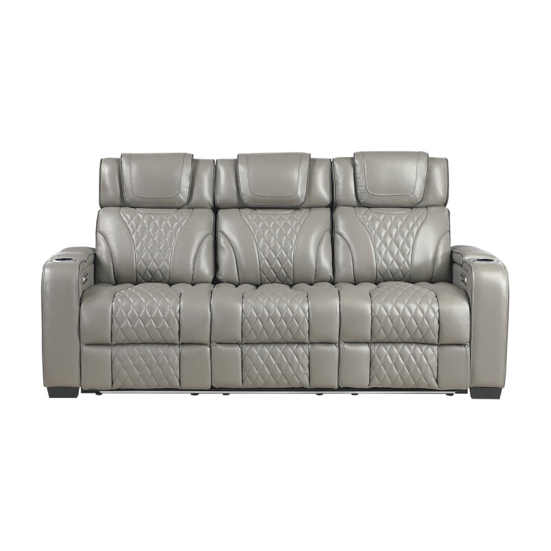 8449GY-3PWHM Power Double Reclining Sofa with Center Drop-Down Cup Holders, Power Headrests, Storage Arms with Cup holders, Reading Lights, Wireless Charger, Air Massage and Heat, LED Lighting and Charging Ports