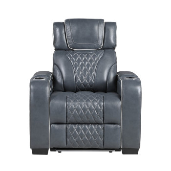 8449BU-1PWHM Power Reclining Chair with Power Headrest, Storage Arms with Cup Holders, Air Massage and Heat, LED Lighting and Charging Ports