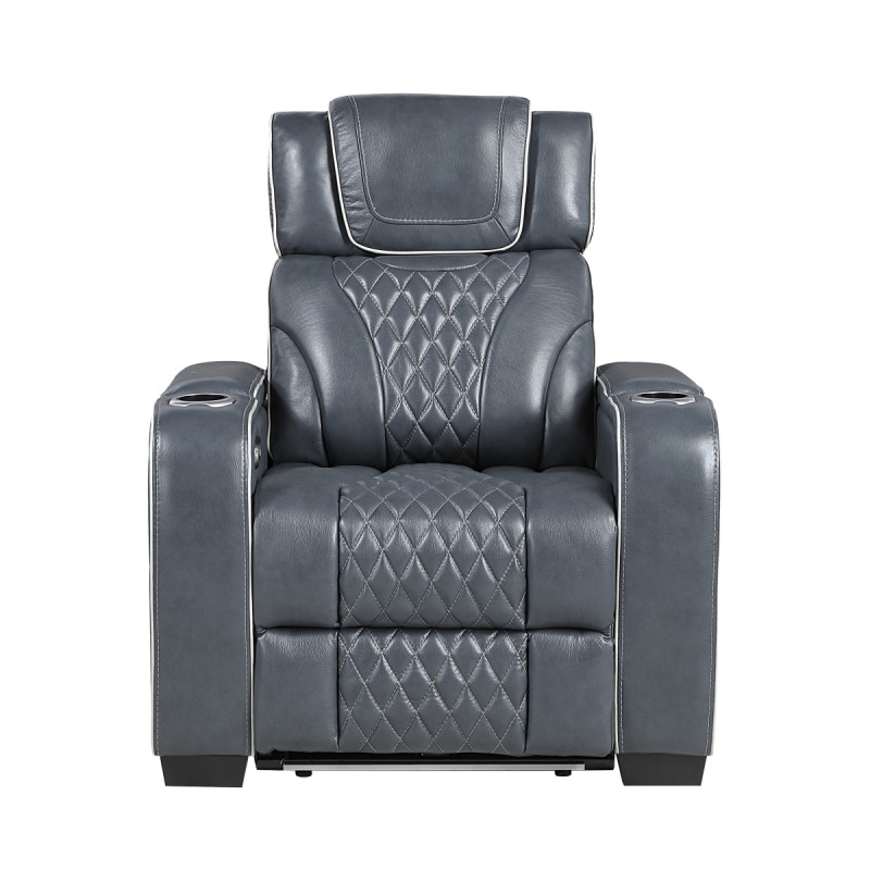 8449BU-1PWHM Power Reclining Chair with Power Headrest, Storage Arms with Cup Holders, Air Massage and Heat, LED Lighting and Charging Ports