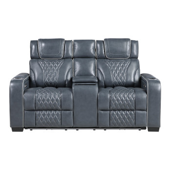 8449BU-2PWHM Power Double Reclining Love Seat with Center Console, Power Headrests, Storage Arms with Cup Holders, Wireless charger, Air Massage and Heat, LED Lighting and Charging Ports