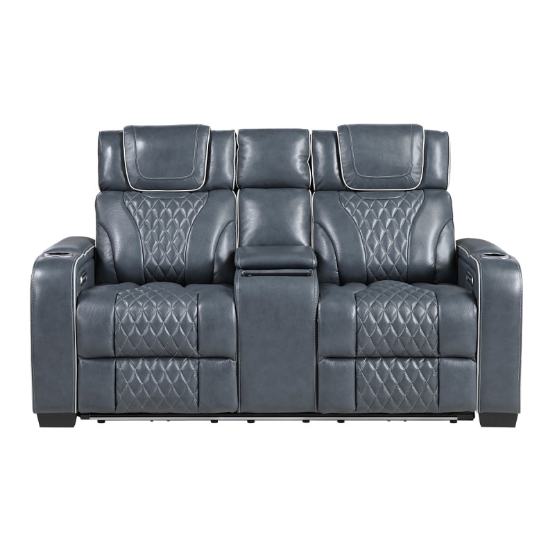 8449BU-2PWHM Power Double Reclining Love Seat with Center Console, Power Headrests, Storage Arms with Cup Holders, Wireless charger, Air Massage and Heat, LED Lighting and Charging Ports