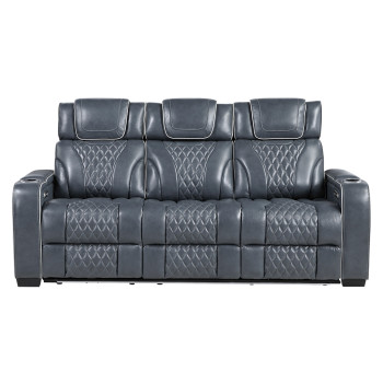 8449BU-3PWHM Power Double Reclining Sofa with Center Drop-Down Cup Holders, Power Headrests, Storage Arms with Cup holders, Reading Lights, Wireless Charger, Air Massage and Heat, LED Lighting and Charging Ports