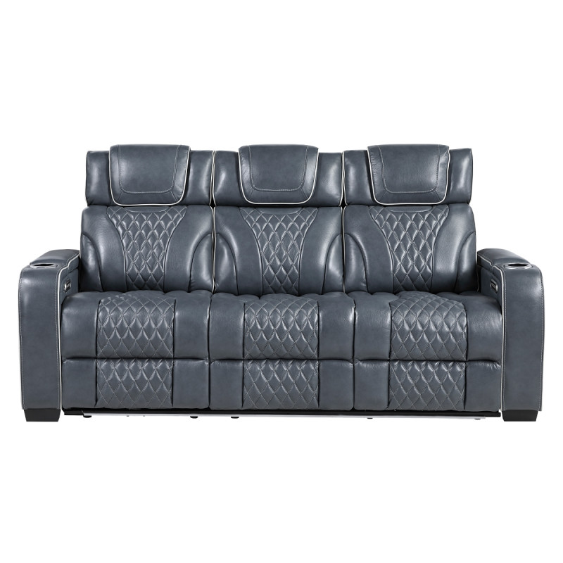 8449BU-3PWHM Power Double Reclining Sofa with Center Drop-Down Cup Holders, Power Headrests, Storage Arms with Cup holders, Reading Lights, Wireless Charger, Air Massage and Heat, LED Lighting and Charging Ports