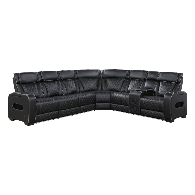 9516BLKS*33L2RCNPWH 3-Piece Power Reclining Sectional with Right Side Console, Drop-Down Cup Holders, Power Headrests, Storage Arms(Top and Side), Cup holders, Reading Lights, Charging Ports, Wireless speakers, Two Wireless Chargers, and LED lighting