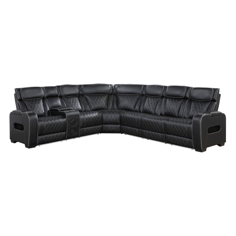 9516BLKS*32LCN3RPWH 3-Piece Power Reclining Sectional with Left Side Console, Drop-Down Cup Holders, Power Headrests, Storage Arms(Top and Side), Cup holders, Reading Lights, Charging Ports, Wireless speakers, Two Wireless Chargers, and LED lighting