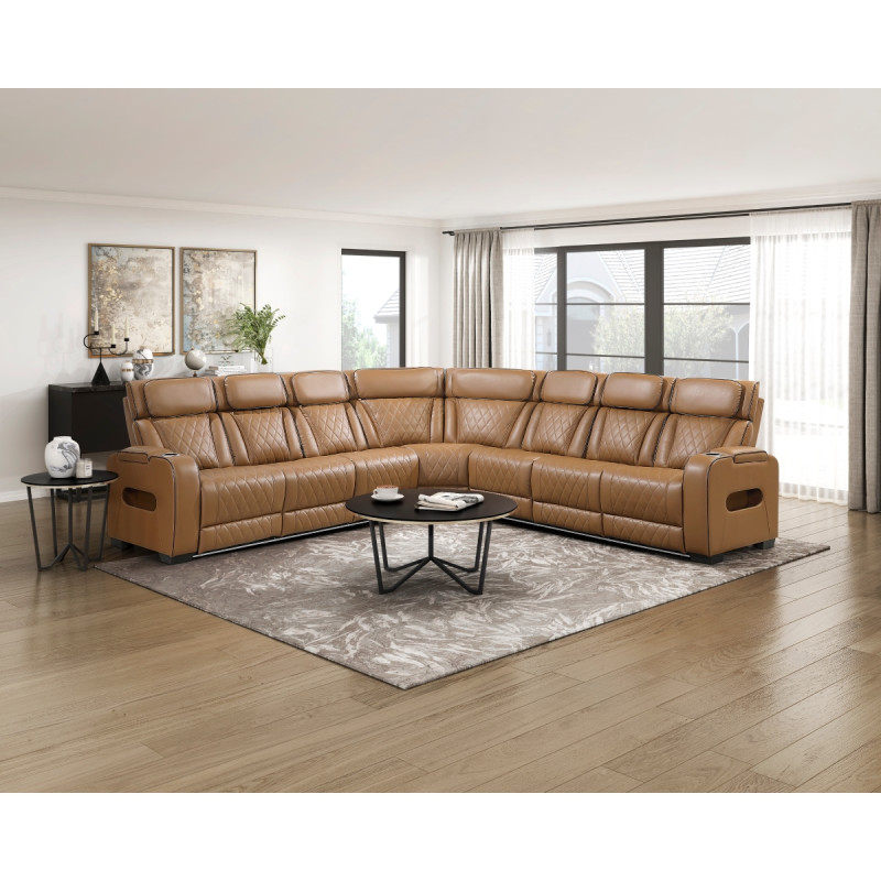 9516BRWS*33L3RPWH 3-Piece Power Reclining Sectional with Center Drop-Down Cup Holders, Power Headrests, Storage Arms(Top and Side), Cup holders, Charging Ports, Reading Lights, Wireless Chargers, Charging Ports and LED Lighting