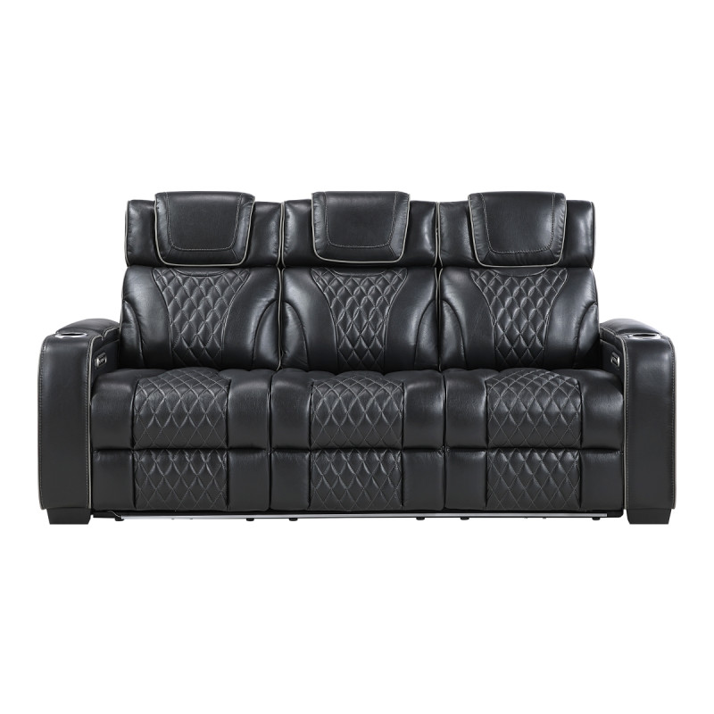 8449BK-3PWHM Power Double Reclining Sofa with Center Drop-Down Cup Holders, Power Headrests, Storage Arms with Cup holders, Reading Lights, Wireless Charger, Air Massage and Heat, LED Lighting and Charging Ports