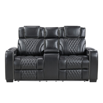 8449BK-2PWHM Power Double Reclining Love Seat with Center Console, Power Headrests, Storage Arms with Cup Holders, Wireless charger, Air Massage and Heat, LED Lighting and Charging Ports