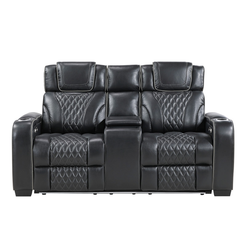 8449BK-2PWHM Power Double Reclining Love Seat with Center Console, Power Headrests, Storage Arms with Cup Holders, Wireless charger, Air Massage and Heat, LED Lighting and Charging Ports