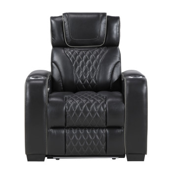 8449BK-1PWHM Power Reclining Chair with Power Headrest, Storage Arms with Cup Holders, Air Massage and Heat, LED Lighting and Charging Ports