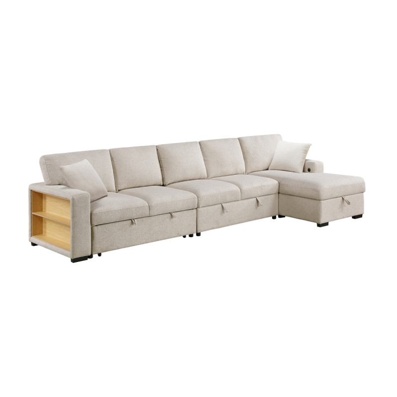9630BE*32LRC Sectional with Right Chaise, Pull-out Bed, Hidden Storages and Shelves, Charging Ports