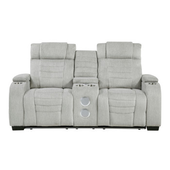 8455GRY-2 Double Reclining Love Seat with Center Console, Wireless Speakers, Storage Arms, Cup holders and LED