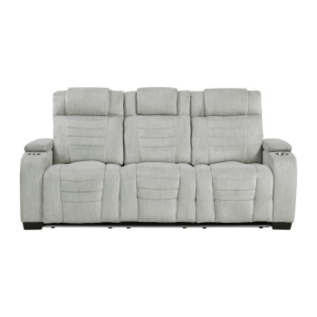 8455GRY-3 Double Reclining Sofa with Center Drop-Down Cup Holders, Storage Arms, Cup Holders, Reading Lights, Magazine Bag, Receptacles, Charging Ports and LED