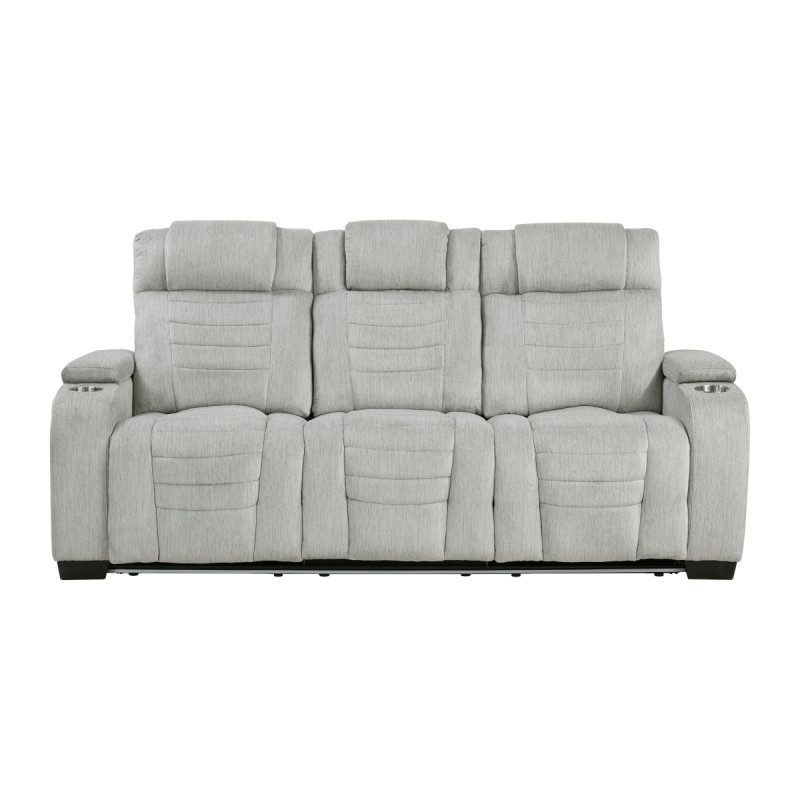 8455GRY-3 Double Reclining Sofa with Center Drop-Down Cup Holders, Storage Arms, Cup Holders, Reading Lights, Magazine Bag, Receptacles, Charging Ports and LED
