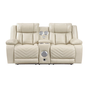 8457BEG-2PW Power Double Reclining Love Seat with Center Console, Wireless Speakers, LED and Charging Ports