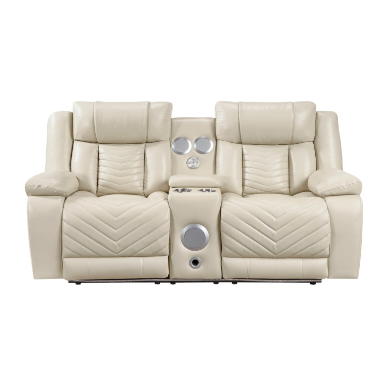8457BEG-2PW Power Double Reclining Love Seat with Center Console, Wireless Speakers, LED and Charging Ports