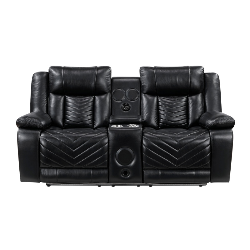8457BLK-2PW Power Double Reclining Love Seat with Center Console, Wireless Speakers, LED and Charging Ports