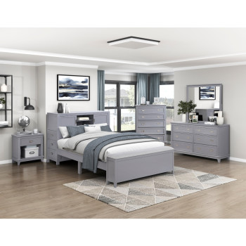 B2024GYBCF-1*4 4PC SETS Full Bookcase Bed with Hidden Desk, Stool and Storage Bench