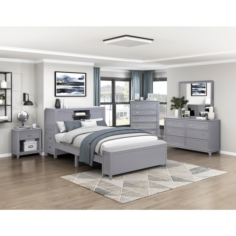 B2024GYBCF-1*5 5PC SETS Full Bookcase Bed with Hidden Desk, Stool and Storage Bench