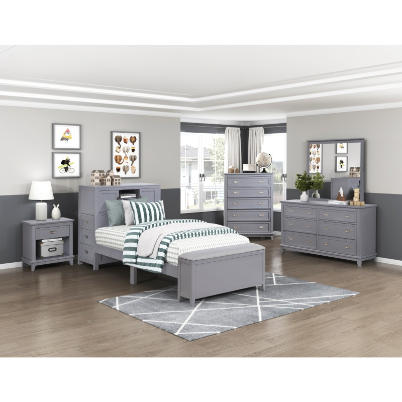 B2024GYBC-1*5 5PC SETS Twin Bookcase Bed with Hidden Desk, Stool and Storage Bench