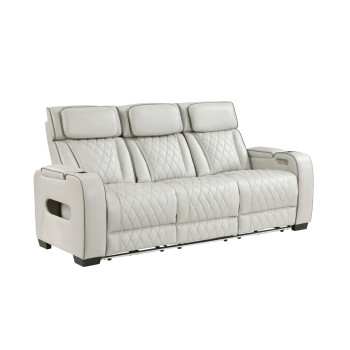 9516TPE-3PWH Power Double Reclining Sofa with Center Drop-Down Cup Holders, Power Headrests, Storage Arms(Top and Side), Cup holders and Reading Lights, Two Wireless Chargers, Charging Ports and LED Lighting