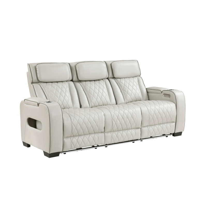 9516TPE-3PWH Power Double Reclining Sofa with Center Drop-Down Cup Holders, Power Headrests, Storage Arms(Top and Side), Cup holders and Reading Lights, Two Wireless Chargers, Charging Ports and LED Lighting