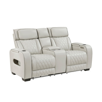 9516TPE-2PWH Power Double Reclining Love Seat with Center Console, Power Headrests, Storage Arms(Top and Side), Cup holders, Charging Ports and LED lighting