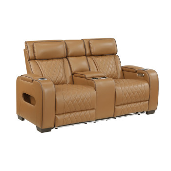 9516BRW-2PWH Power Double Reclining Love Seat with Center Console, Power Headrests, Storage Arms(Top and Side), Cup holders, Charging Ports and LED lighting