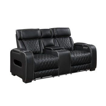 9516BLK-2PWH Power Double Reclining Love Seat with Center Console, Power Headrests, Storage Arms(Top and Side), Cup holders, Charging Ports and LED lighting