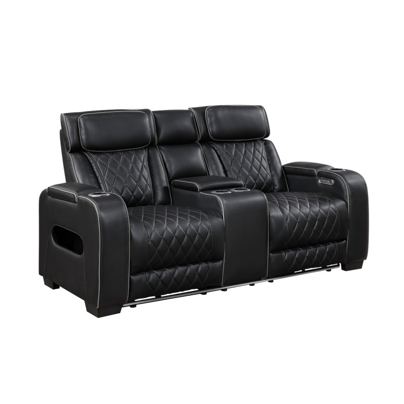 9516BLK-2PWH Power Double Reclining Love Seat with Center Console, Power Headrests, Storage Arms(Top and Side), Cup holders, Charging Ports and LED lighting