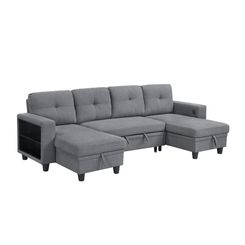9705GY*42AVC Sectional with Two Chaises, Pull-out Bed, Shelves and Charging Ports