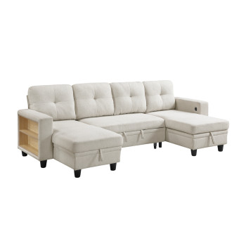 9705BE*42AVC Sectional with Two Chaises, Pull-out Bed, Shelves and Charging Ports